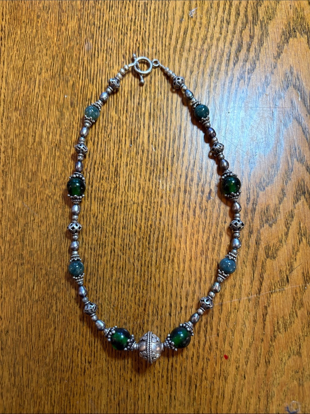 Silver Bead Necklace with Green Glass Accents